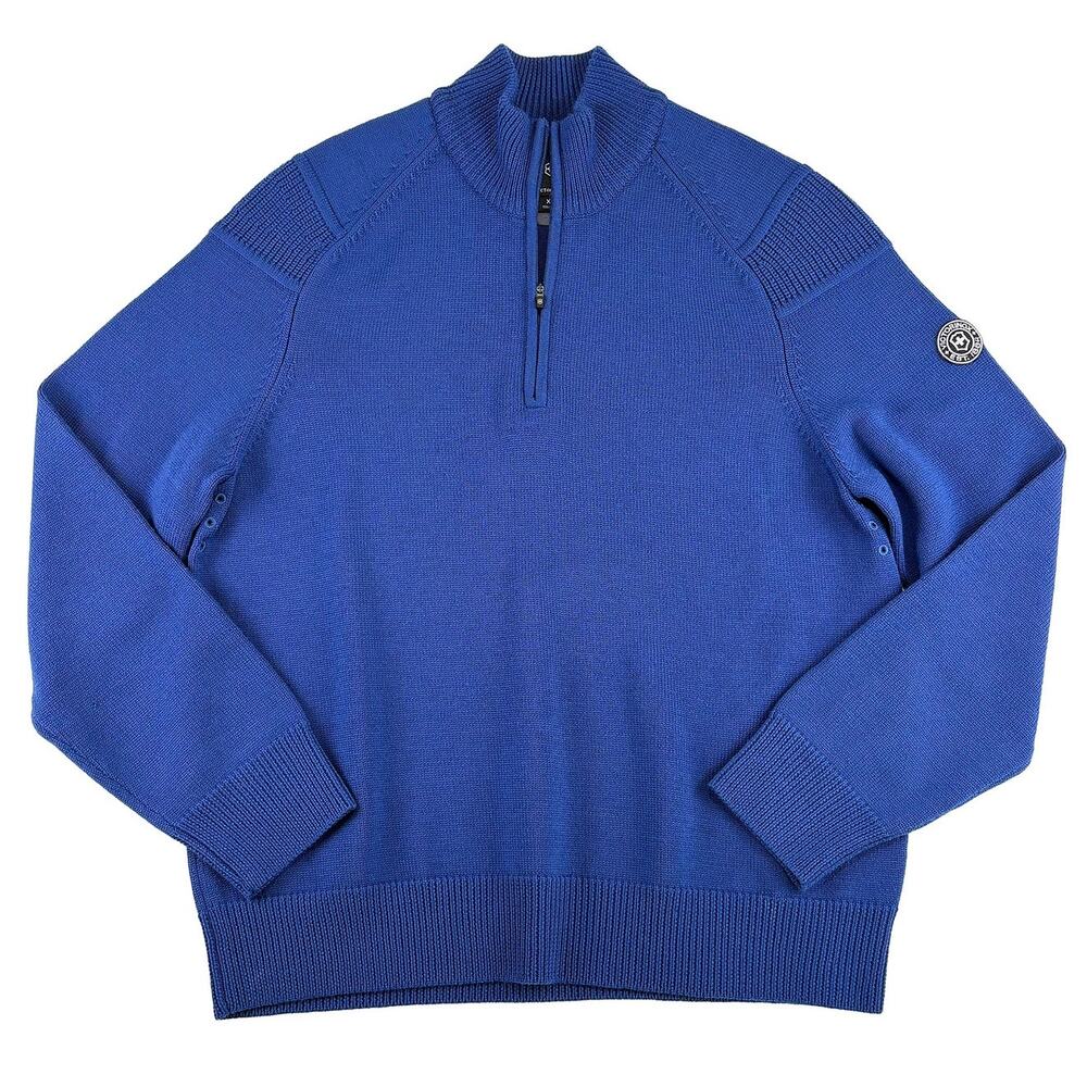 Victorinox Wool 1/4 Zip Pullover Sweater Mens XL Blue Swiss Army Patch Apres Ski